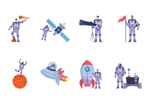 Purple And Red Space Exploration Astronauts Illustration Set