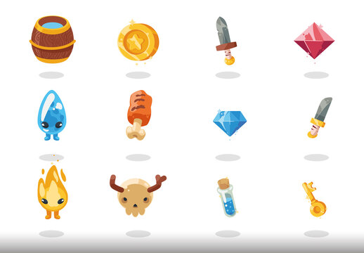 Fantasy And Magic Colorful Gaming Icons Set