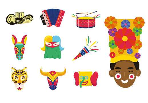 Colorful Traditional Colombian Culture Icons Set