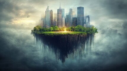 Fototapeta premium Floating island supporting a modern city towers above the clouds
