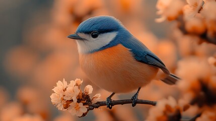 Tranquil Bird Perched in a Magical Forest Scene with Blossoms and Soft Light