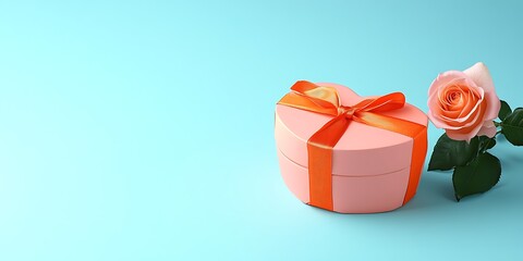 Obraz premium Heart-Shaped Gift Box with Ribbon and Rose on Soft Blue Background