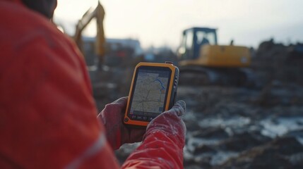 Surveyor using a GPS device to measure land at a construction site. Featuring accuracy and expertise