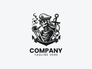 Fototapeta premium Grim Skeleton Sailor Captain Hat Anchor Pipe Vector Logo Design