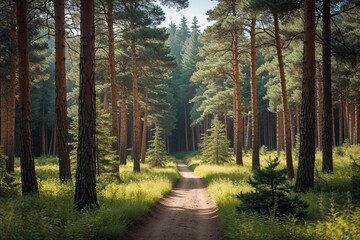 Obraz premium Serene Pine Forest Trail Discover Tranquil Summer Adventures in Nature