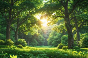 Vibrant Summer Forest Background with Lush Green Trees Sunlight and Rich Foliage