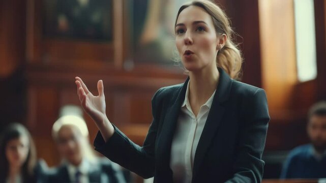 Passionate female lawyer speaking in courtroom &mdash; legal argument and defense concept