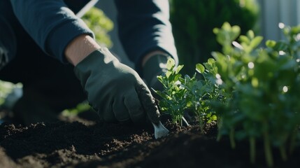 Fototapeta premium Landscaper planting greenery around a newly constructed property. Featuring precision and care