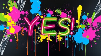 Bright Neon YES! Illuminated with Dynamic Vibrant Paint Splashes on Black Backdrop
