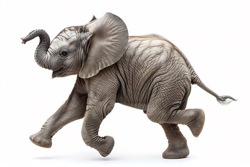 Obraz premium Playful baby elephant running ears flapping tiny trunk swinging joyful expression isolated on a white background