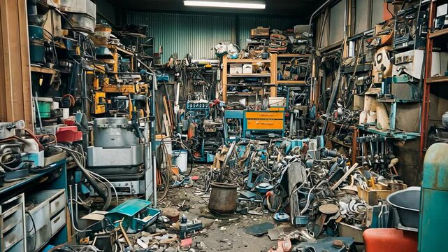 A chaotic cluttered workshop filled with tools, machines, and parts. A visual representation of a messy, disorganized space.