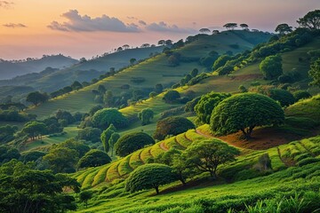 Naklejka premium Vibrant Hill Landscape with Abundant Trees and Lush Vegetation at Dusk