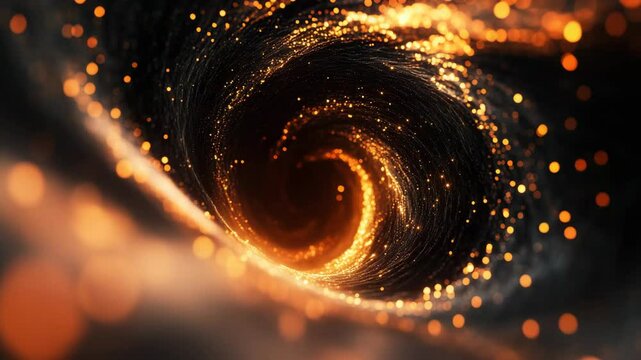 Flythrough of abstract spiral tunnel in black and golden orange colors