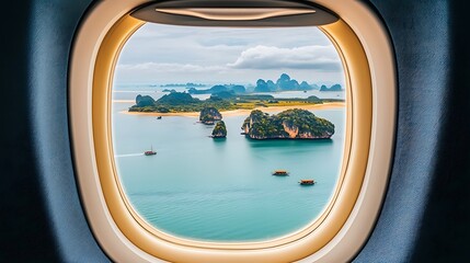 Fototapeta premium Breathtaking View of Islands from Airplane Window, Scenic Landscape