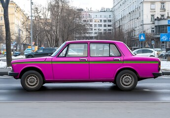 Bright Purple Vintage Car with Green Stripes in Urban Environment