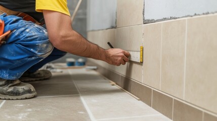 A construction worker measuring and marking a wall for tile installation. Featuring planning and accuracy