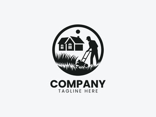 Gardener Silhouette Cutting Grass Residential Area Vector Logo Design