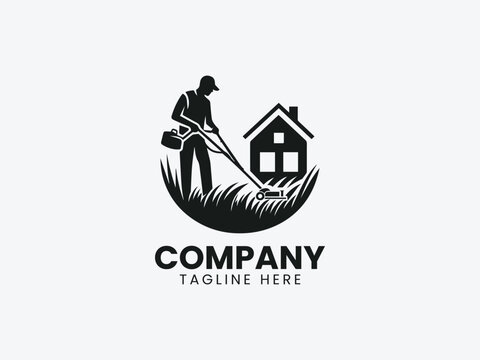 Gardener Silhouette Cutting Grass Residential Area Vector Logo Design