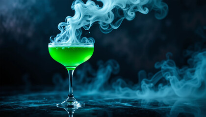 A mystical green cocktail, swirling with ethereal smoke, evokes a sense of enchanting mystery in a darkly dramatic setting.