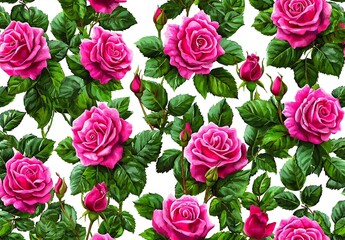 Vibrant Pink Rose Floral Pattern with Green Leaves on White Background