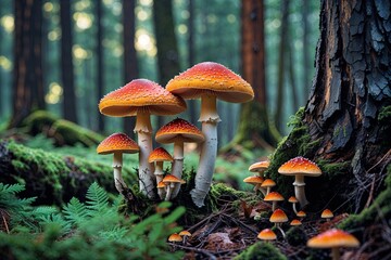 Fototapeta premium Lush Cedar Forest with Colorful Mushrooms in Sharp Focus