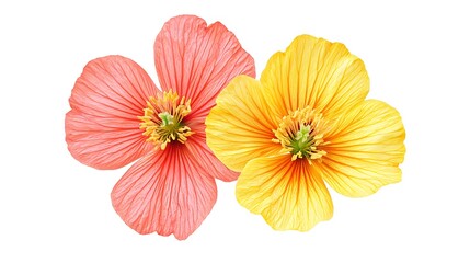 Obraz premium Vibrant Hibiscus Flowers in Pink and Yellow on a White Background
