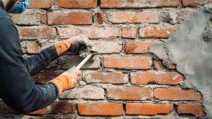Masonry specialist restoring an old brick facade in a historic district. Featuring preservation and craftsmanship