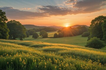 Obraz premium Mesmerizing Sunrise Above a Verdant Meadow Landscape
