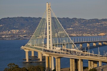 The Bay Bridge crosses the San Francisco Bay, linking Oakland and San Francisco