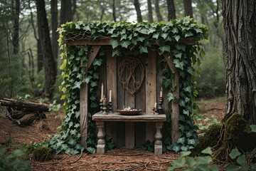 Rustic Wooden Altar Decorated with Ivy in Enchanted Forest Setting