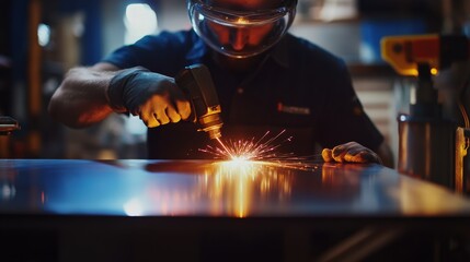 Metal fabricator cutting aluminum sheets with a plasma cutter in a workshop. Featuring sparks and precision