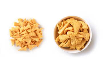  Corn snack in white bowl isolated on white background.