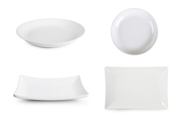 Set of empty white plate, Kitchen dinning tableware for food  isolated on white background.