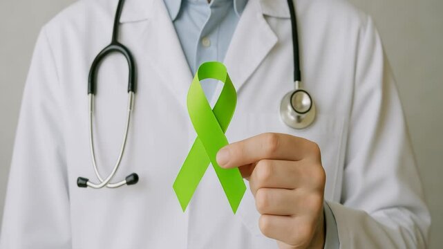 Doctor holding lime green awareness ribbon &mdash; mental health and lymphoma support