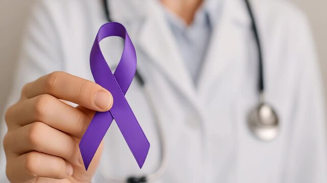 Doctor holding purple awareness ribbon &mdash; Alzheimer's animal abuse, epilepsy and domestic violence awareness