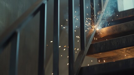 Metal fabricator welding a custom steel railing for a modern staircase. Featuring precision and craftsmanship
