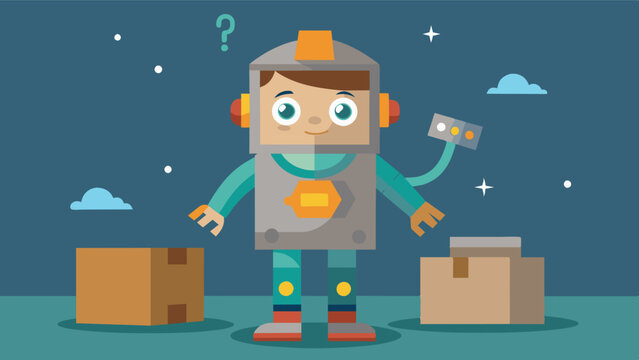 A child wearing a makeshift robot costume made out of cardboard and tin foil pretending to be a robot while learning about its inner workings.. Vector illustration