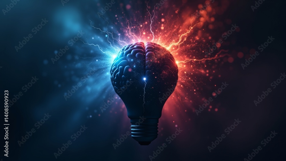 Poster an artistic representation of a human brain forming into a lightbulb, symbolizing idea generation and creative thinking