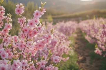 Obraz premium Spring blossom trees with pink flowers under clear sky