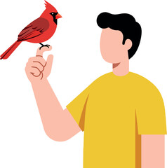 Fototapeta premium A man in a yellow shirt gently holding a red cardinal on his hand in minimal vector illustration
