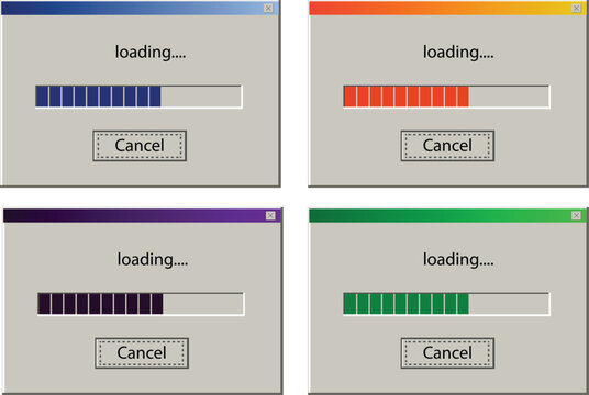 Old Windows user interface. download bar, alert window on computer monitor with loading message and error message popup