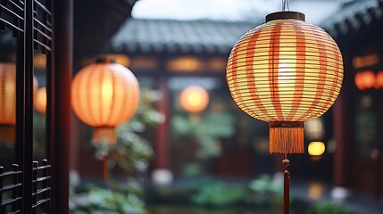Ornate lanterns illuminate a tranquil Asian courtyard