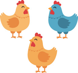 Three colorful cartoon chickens in flat design style creating a cheerful vector illustration
