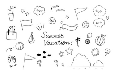 Hand-drawn cute summer vacation illustration set - simple sea icons