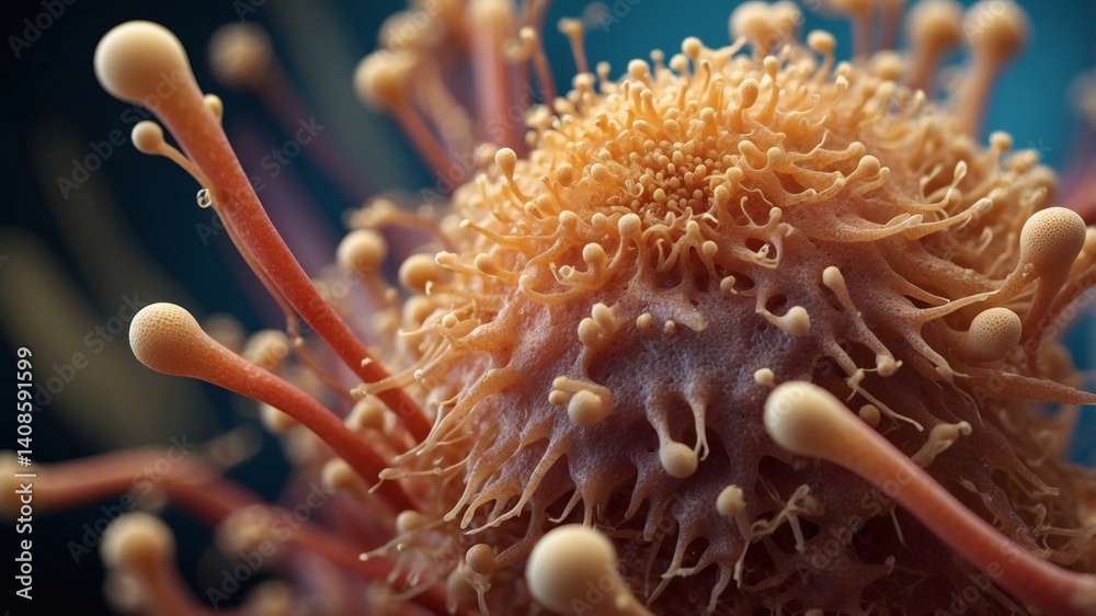 Poster a detailed microscopic view of an active virus, with intricate structures and vibrant colors