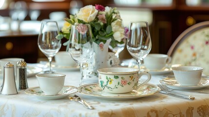 A five-star restaurant table setting with fine china and floral arrangements