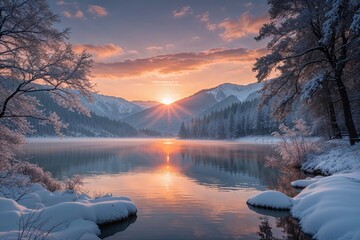 Serene Winter Sunrise Over Lacu Rosu Lake in the Stunning Romanian Nature Landscape