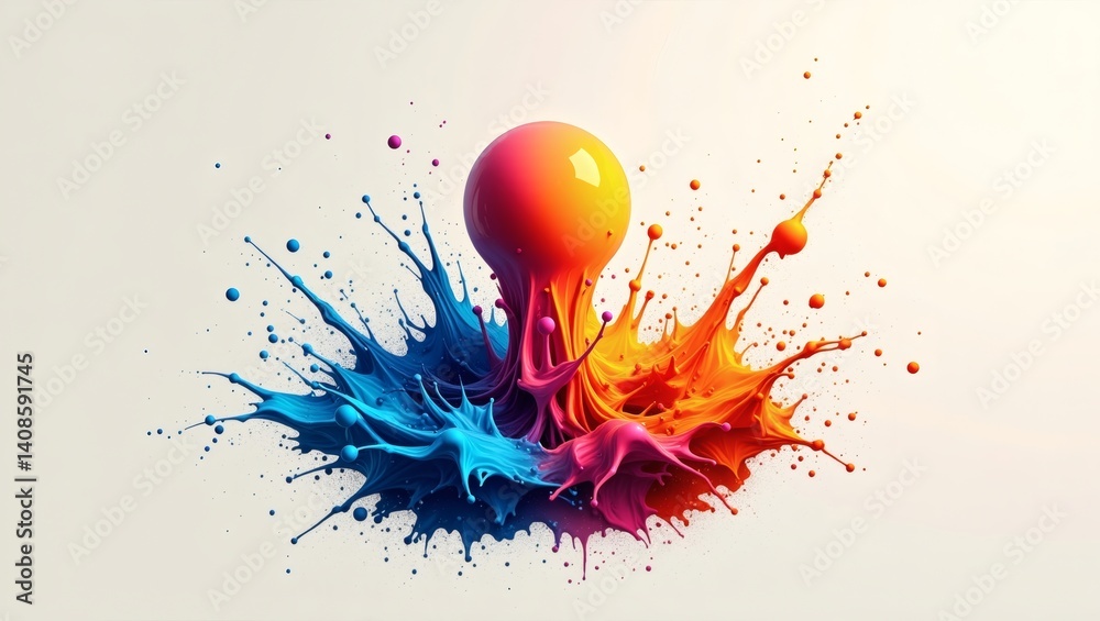 Aufkleber vibrant and colorful paint splash, a dynamic display of color and motion. The image features a central droplet that causes paint splashes. 