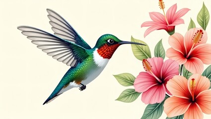 Obraz premium A vibrant hummingbird gracefully hovering near blossoming flowers, capturing a moment of natural beauty