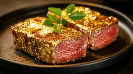 A gourmet plate of Wagyu steak with gold leaf garnish